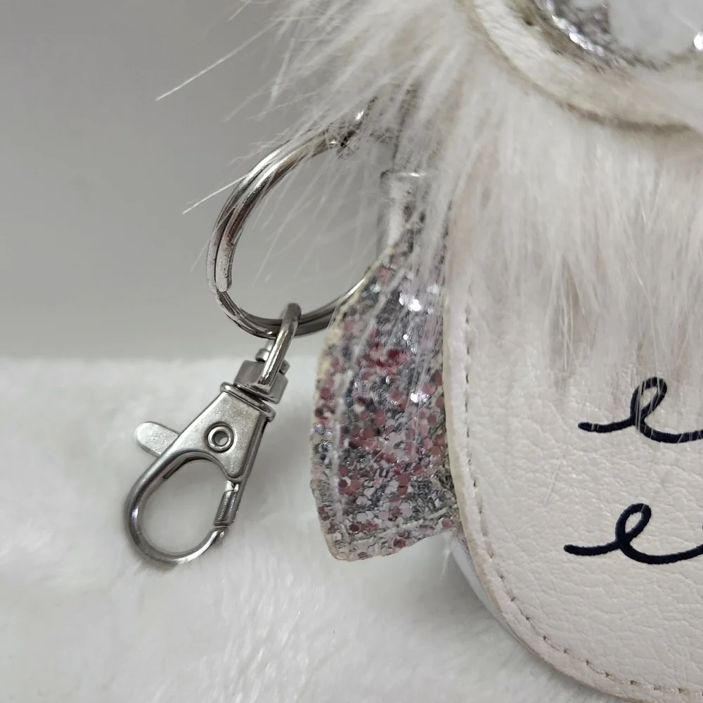 Target Owl Faux Leather Fur Trim White Silver Glitter Coin Purse Keychain NWOT